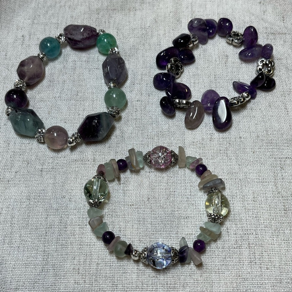 3-Pc Fluorite Amethyst Bracelet Bundle Handmade Artisan Gemstone Stack Set - Picture 3 of 6
